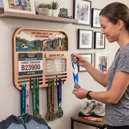 Layered Triathlon Medal Display, Forest Race Bib Holder & Custom Medal Hanger, Triathlete Gift, Race Day Keepsake