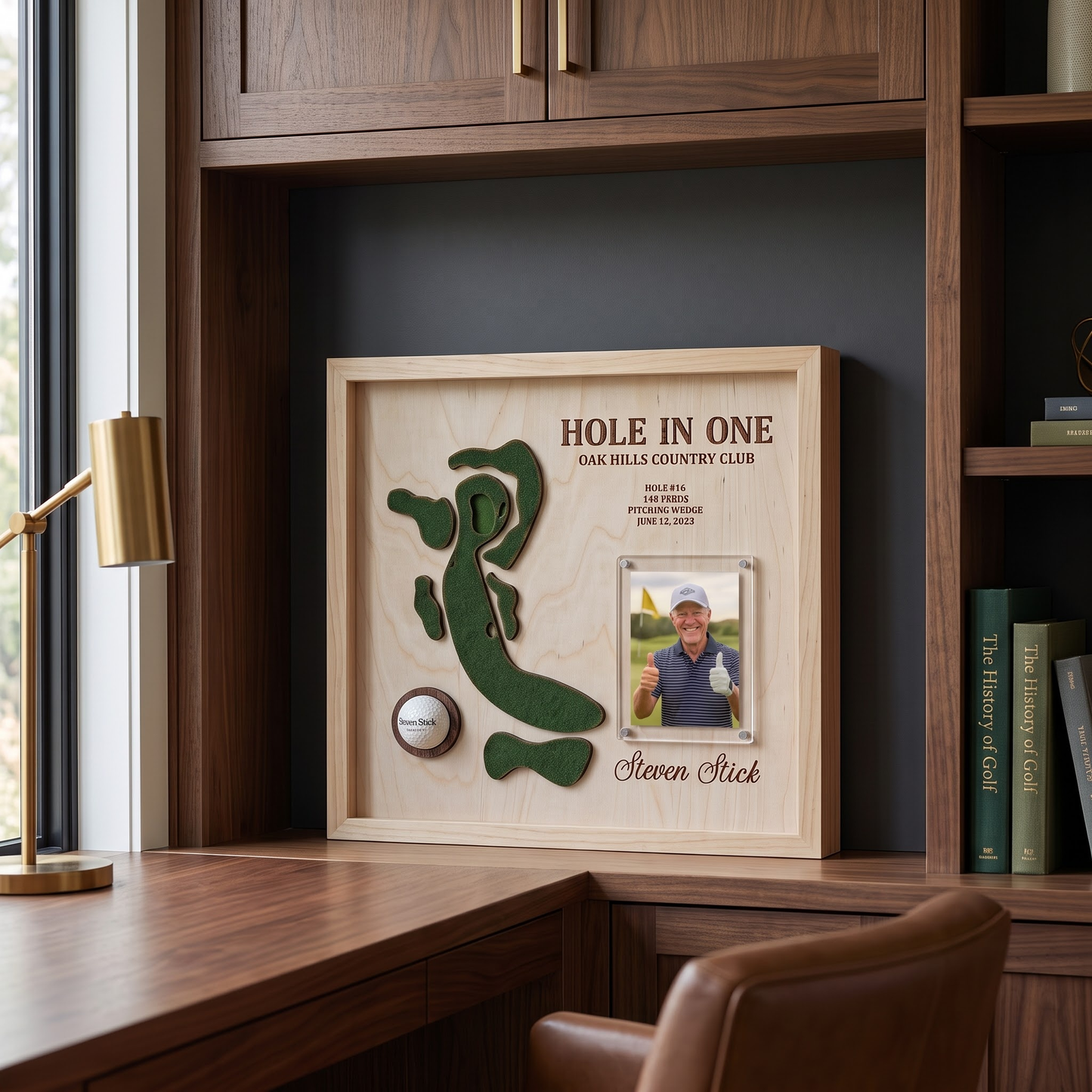 Personalized Hole in One Golf Display with Golf Course Map, Golf Ball Holder & Photo