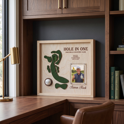 Personalized Hole in One Golf Display with Golf Course Map, Golf Ball Holder & Photo