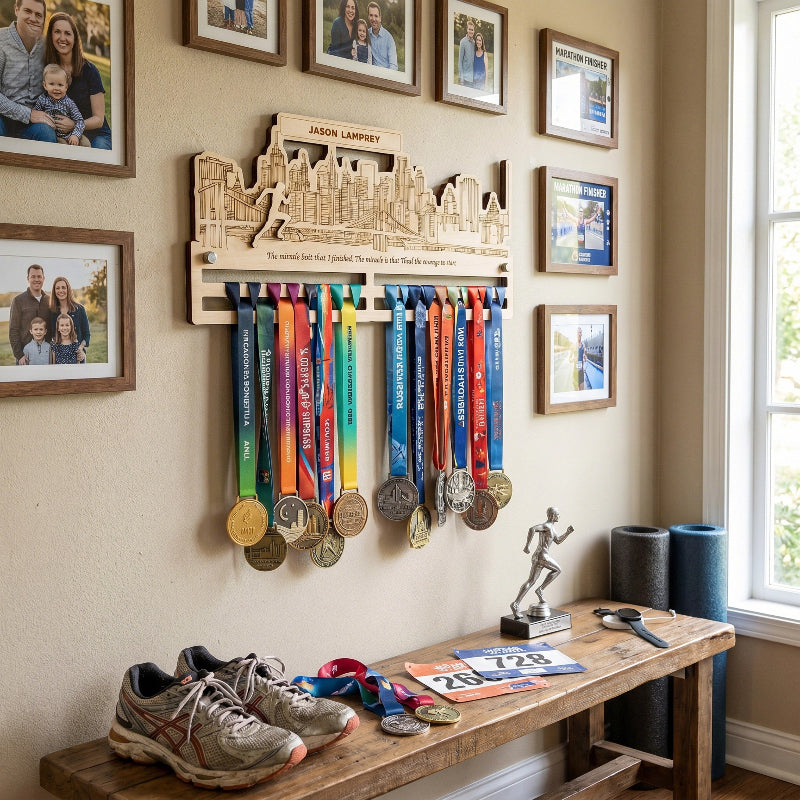 City Runner Medal Wooden Hanger, Personalized Marathon Medal Display, Custom Running Achievement Holder, Gift for Runners