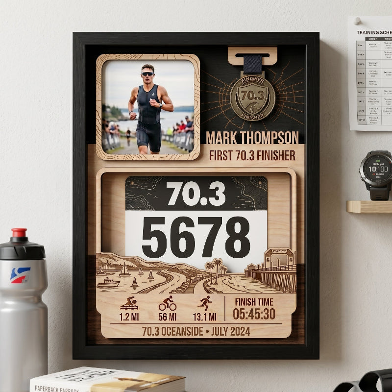 Triathlon Bib and Medal Display for First 70.3, Personalized Oceanside Race Keepsake, Custom Race Bib Holder