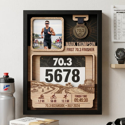 Triathlon Bib and Medal Display for First 70.3, Personalized Oceanside Race Keepsake, Custom Race Bib Holder