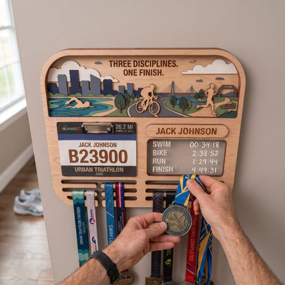 Personalized Triathlon Medal Display, Forest Medal Hanger, Optional Race Bib Holder, Triathlete Gift