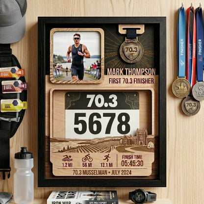 First 70.3 Triathlon Bib and Medal Display, Personalized Musselman Race Bib Holder, Custom Triathlon Medal Hanger