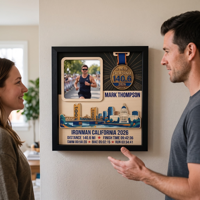 Triathlon Medal Display Frame, Personalized Medal Hanger, Race Bib & Photo Display with Route Option, Triathlete Gift
