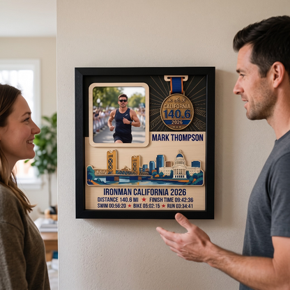 Triathlon Medal Display Frame, Personalized Medal Hanger, Race Bib & Photo Display with Route Option, Triathlete Gift
