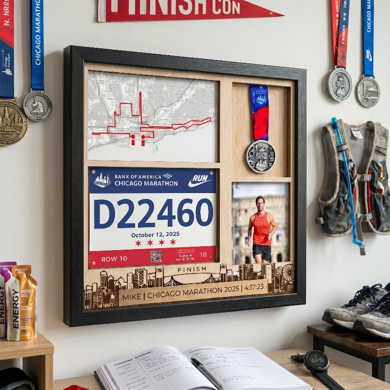 Chicago Marathon Shadow Box Display, Race Bib Medal and Photo Holder, Personalized Running Memory Box, Gift for Marathon Runners