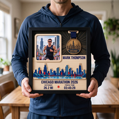 Chicago Marathon Layering Medal Hanger, Personalized Race Route Map on Wood, Custom Bib & Medal Display with Photo, Gift for Marathon Finisher