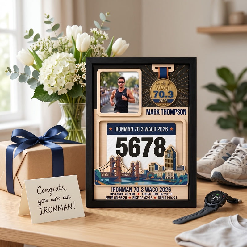 Waco Triathlon Medal Display, Personalized Medal Hanger with Photo, Race Bib & Route Options, Triathlete Gift