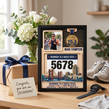 Waco Triathlon Medal Display, Personalized Medal Hanger with Photo, Race Bib & Route Options, Triathlete Gift