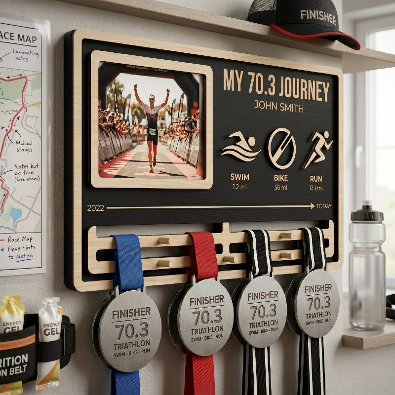 My Journey Triathlon Medal Holder, Personalized 70.3 Medal Display, Custom Wooden Medal Hanger, Gift for Triathletes