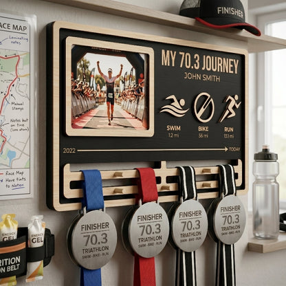 My Journey Triathlon Medal Holder, Personalized 70.3 Medal Display, Custom Wooden Medal Hanger, Gift for Triathletes