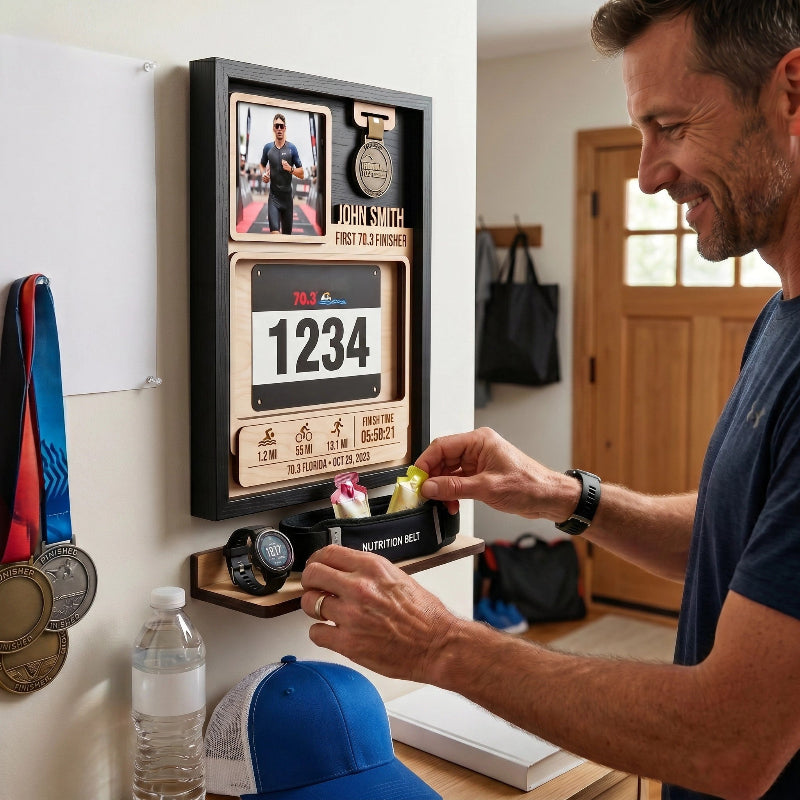 First 70.3 Triathlon Bib and Medal Display, Personalized Race Bib Holder, Half Distance Finisher Gift
