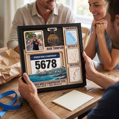 Kona Triathlon Medal Display, Personalized Medal Hanger with Photo, Race Bib & Route Options, Triathlete Gift