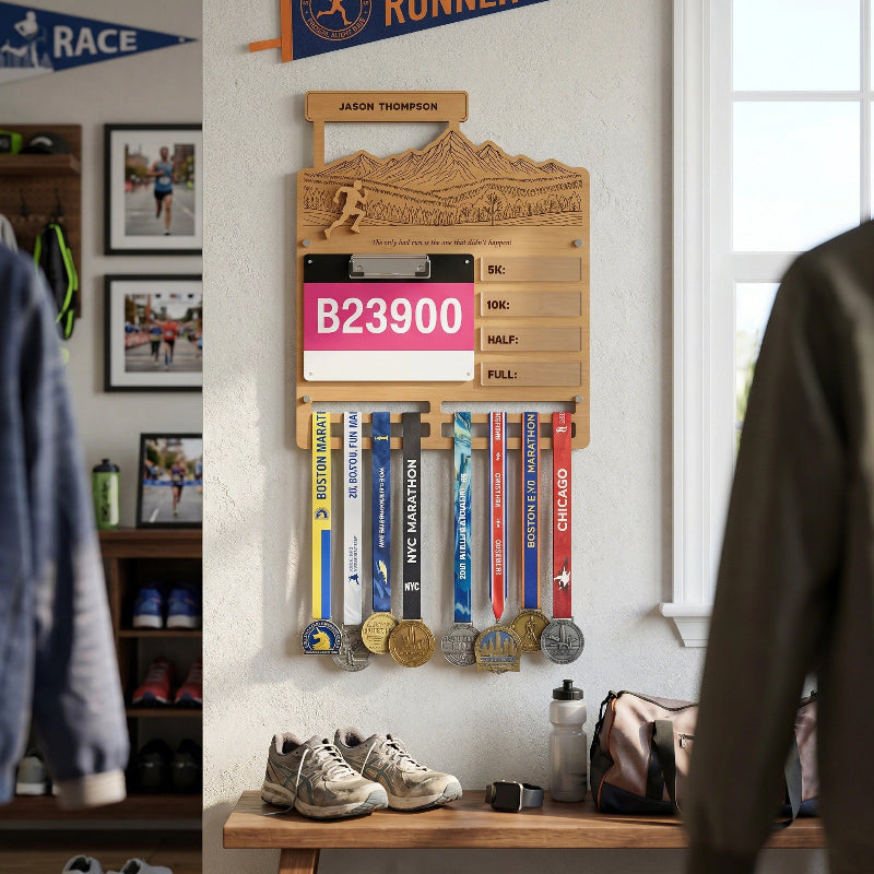 Personalized Running Medal and Bibs Holder With Name, Custom Marathon Medal Display, Wooden Race Bib Organizer, Gift for Runners