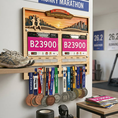 Personalized Couple’s Running Medal and Bib Display Sunset Theme, Custom Marathon Medal Holder for Couples, Wooden Race Achievement Wall Decor, Gift for Runners