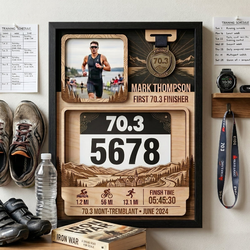 Custom Triathlon Bib and Medal Display, First 70.3 Tremblant Race Bib Holder, Personalized Finisher Keepsake