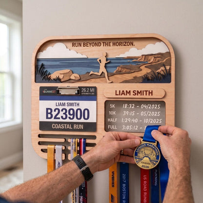 Personalized Marathon Medal Display, Running Medal Holder & Race Bib Display, Coastal Cliff Design