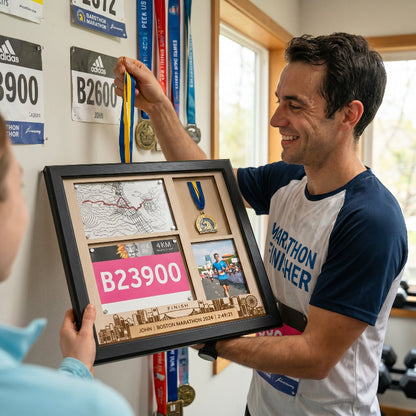 Personalized Running Medal Holder, Race Bib Medal and Photo Display, Custom Marathon Memory Wall Hanger, Gift for Runners
