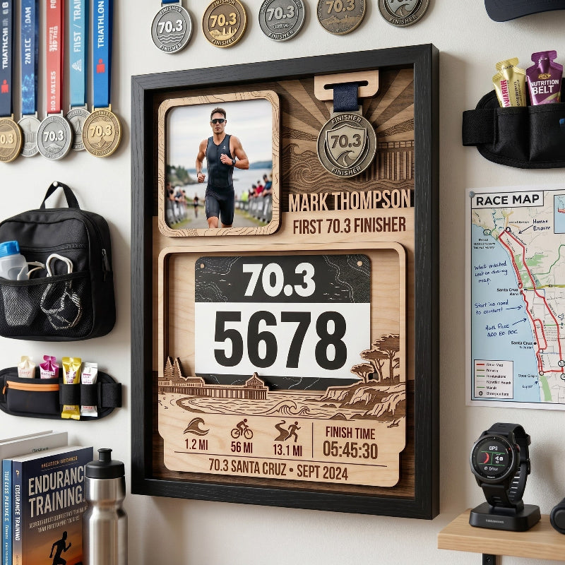 Personalized First 70.3 Triathlon Bib and Medal Display, Personalized North Carolina Race Bib Holder, Custom Triathlon Medal Hanger