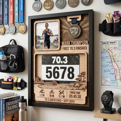 Personalized First 70.3 Triathlon Bib and Medal Display, Personalized North Carolina Race Bib Holder, Custom Triathlon Medal Hanger