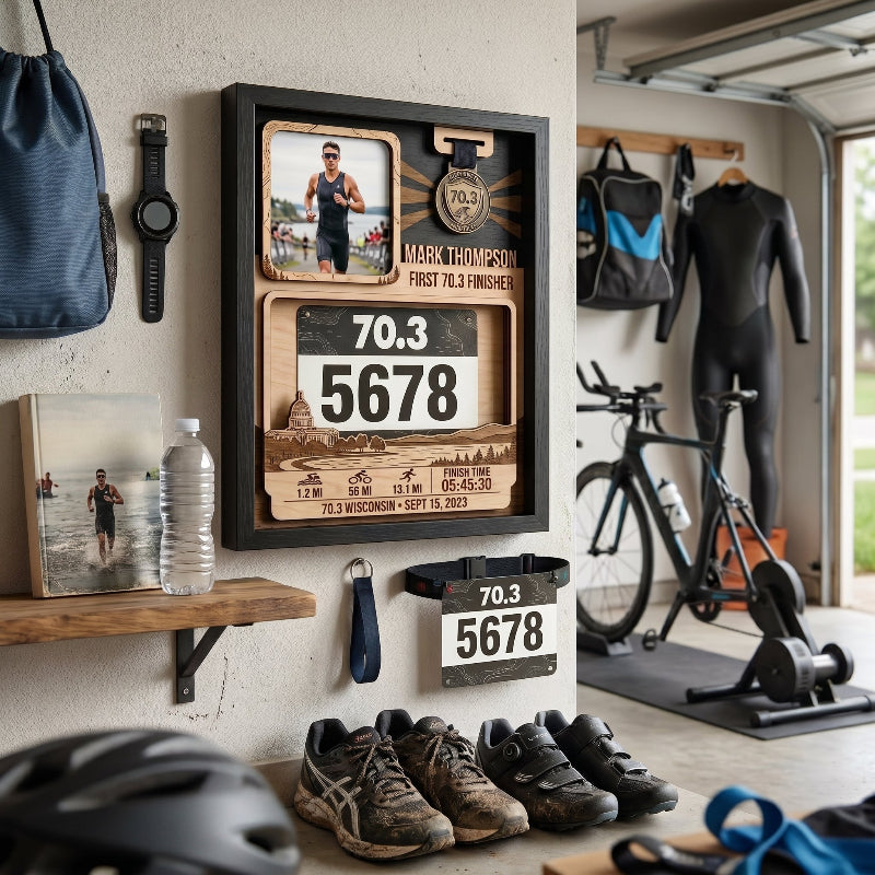 Personalized First 70.3 Race Bib Display, Wisconsin  Triathlon Medal Holder, Custom Bib and Medal Display Gift