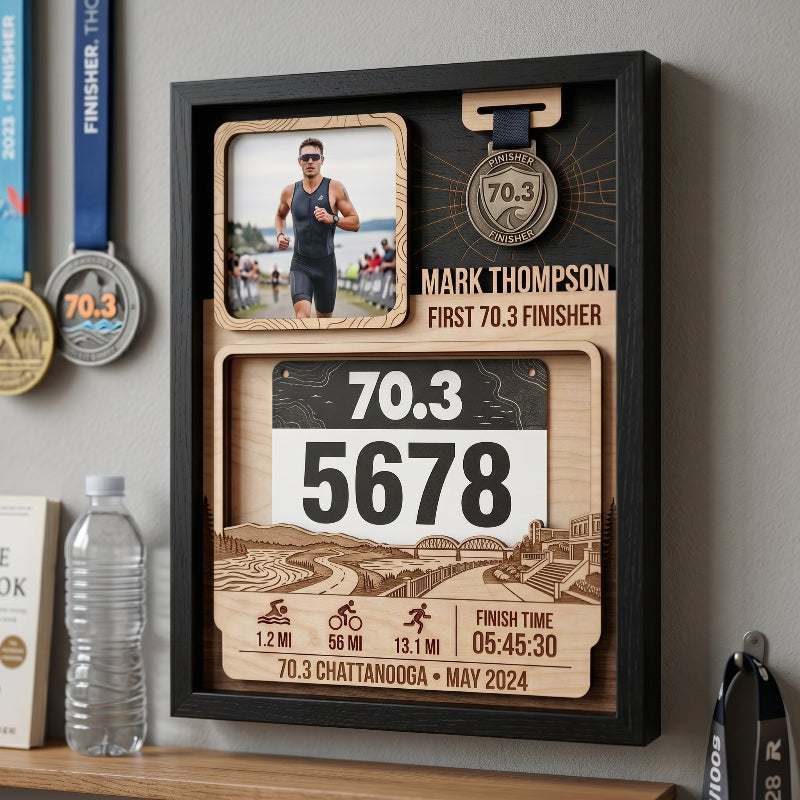 Custom First 70.3 Triathlon Display, Chattanooga Race Bib Holder, Personalized Bib and Medal Keepsake