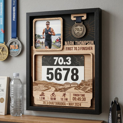Custom First 70.3 Triathlon Display, Chattanooga Race Bib Holder, Personalized Bib and Medal Keepsake