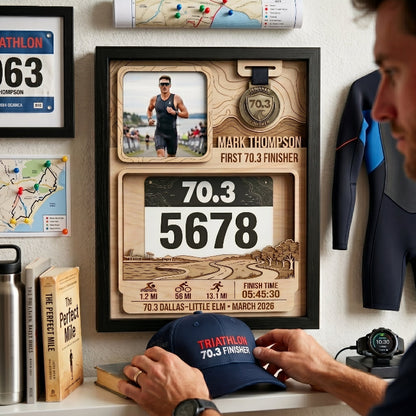 Personalized First 70.3 Race Bib Display, Dallas Triathlon Medal Holder, Custom Bib and Medal Display Gift