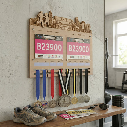 Personalized Couple’s Running Medal and Bib Display, Custom Marathon Medal Holder for Couples, Wooden Race Achievement Wall Decor, Gift for Runners