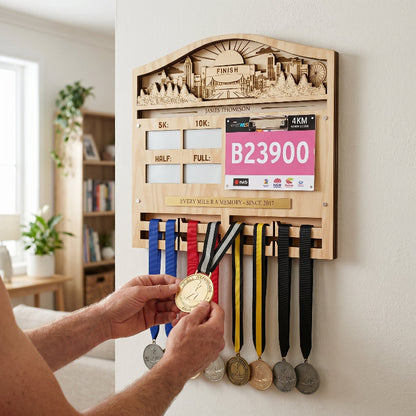 Personalized 3D Running Milestone and Bib Display, Custom Marathon Medal Holder, Wooden Race Achievement Wall Decor, Gift for Runners