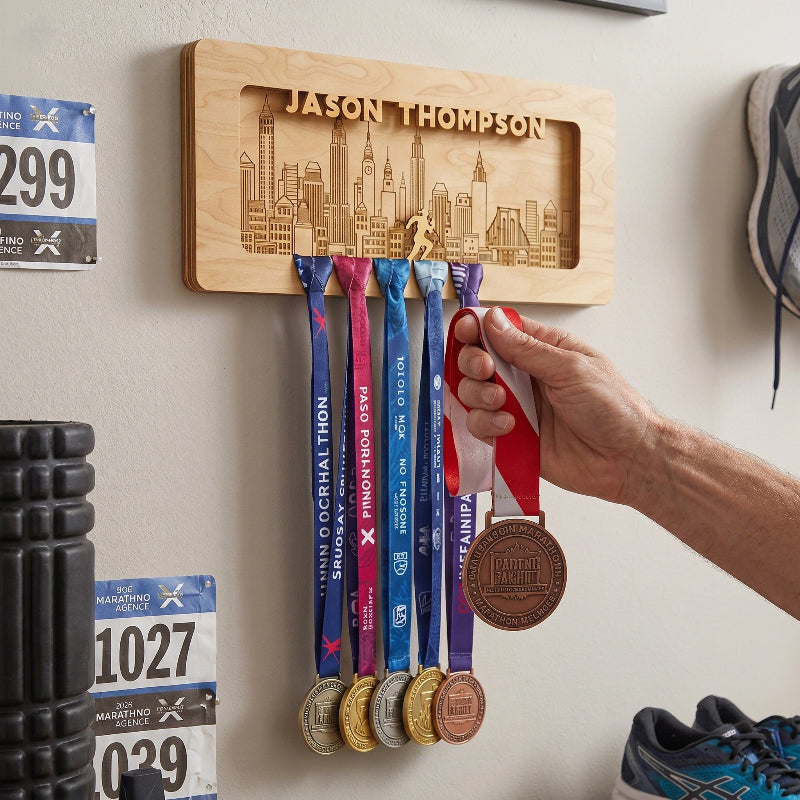Personalized Running Medal Holder With Name, Custom Marathon Medal Display, Wooden Race Award Hanger, Gift for Runners