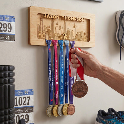 Personalized Running Medal Holder With Name, Custom Marathon Medal Display, Wooden Race Award Hanger, Gift for Runners