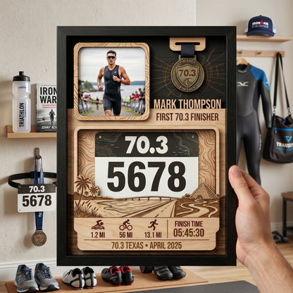 Personalized Texas 70.3 Bib and Medal Display, First Triathlon Finisher Keepsake, Custom Race Bib Holder