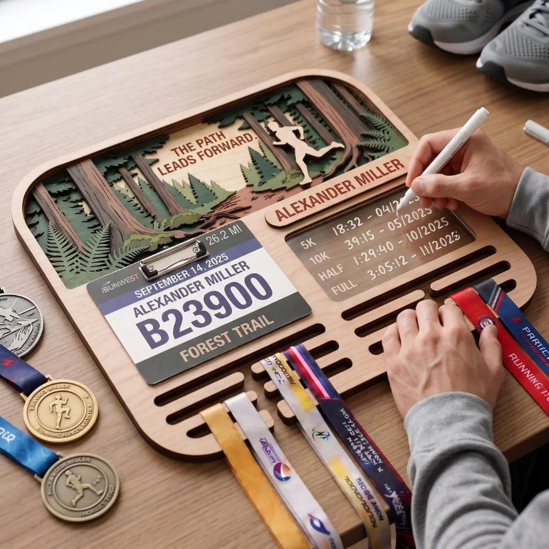 Personalized Running Medal Holder, Forest Trail Running Design, Race Bib Display & Optional Tracker