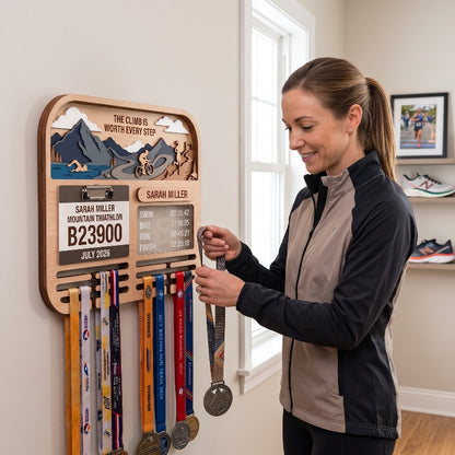 Personalized Triathlon Medal Holder, Layered Mountain Medal Display, Optional Race Bib Holder, Triathlete Gift