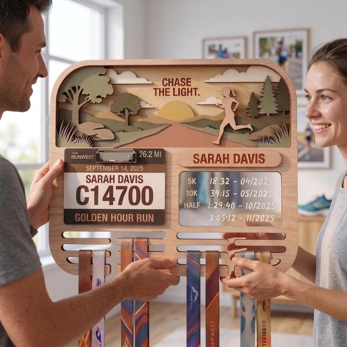 Personalized Running Medal Holder & Race Bib Display, Wooden Marathon Medal Hanger, Sunset Run Design