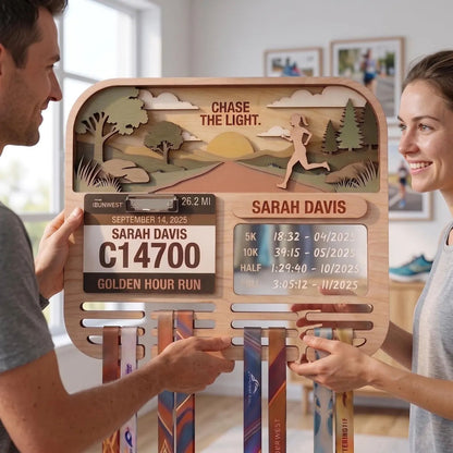 Personalized Running Medal Holder & Race Bib Display, Wooden Marathon Medal Hanger, Sunset Run Design