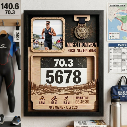 First 70.3 Triathlon Bib and Medal Display, Personalized Maine Race Bib Holder, Custom Triathlon Gift