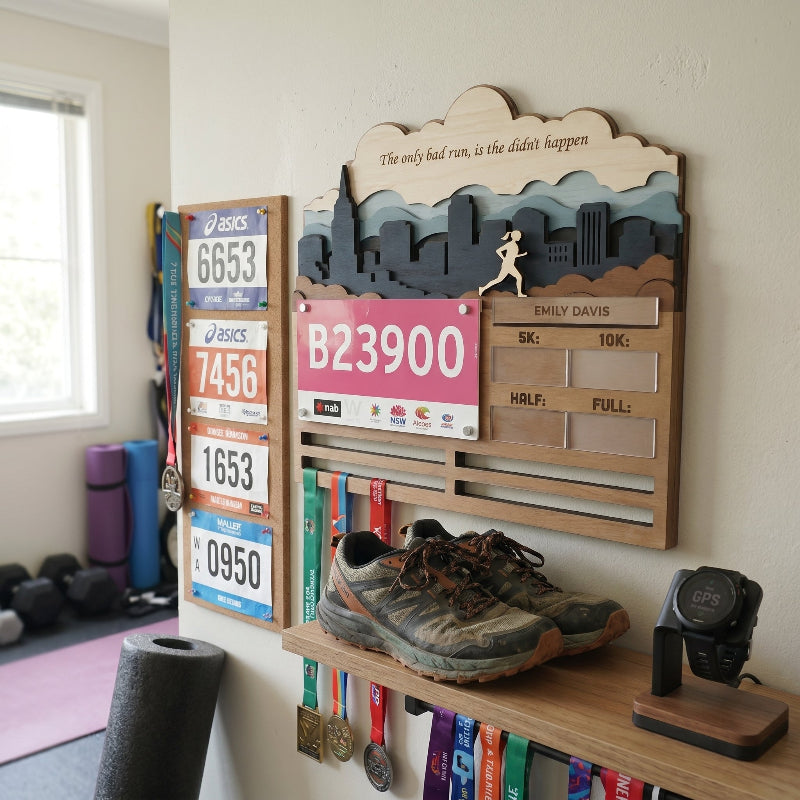 Custom 3D Running Medal and Bib Display, Personalized Marathon Medal Holder, Wooden Race Achievement Wall Decor, Gift for Runners