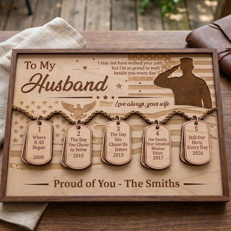 Veteran Timeline Wooden Sign with Dog Tag, Personalized Military Gift for Husband, Father’s Day Veteran Keepsake Plaque