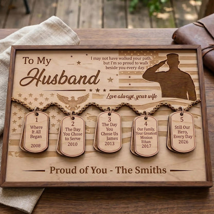 Veteran Timeline Wooden Sign with Dog Tag, Personalized Military Gift for Husband, Father’s Day Veteran Keepsake Plaque