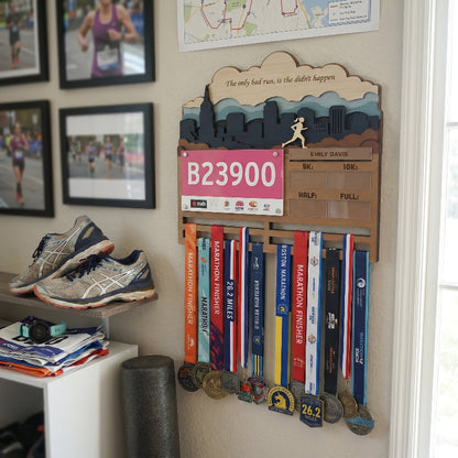 Custom 3D Running Medal and Bib Display, Personalized Marathon Medal Holder, Wooden Race Achievement Wall Decor, Gift for Runners