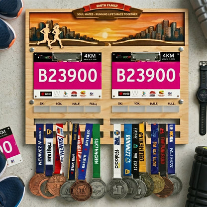 Personalized Couple’s Running Medal and Bib Display Sunset Theme, Custom Marathon Medal Holder for Couples, Wooden Race Achievement Wall Decor, Gift for Runners