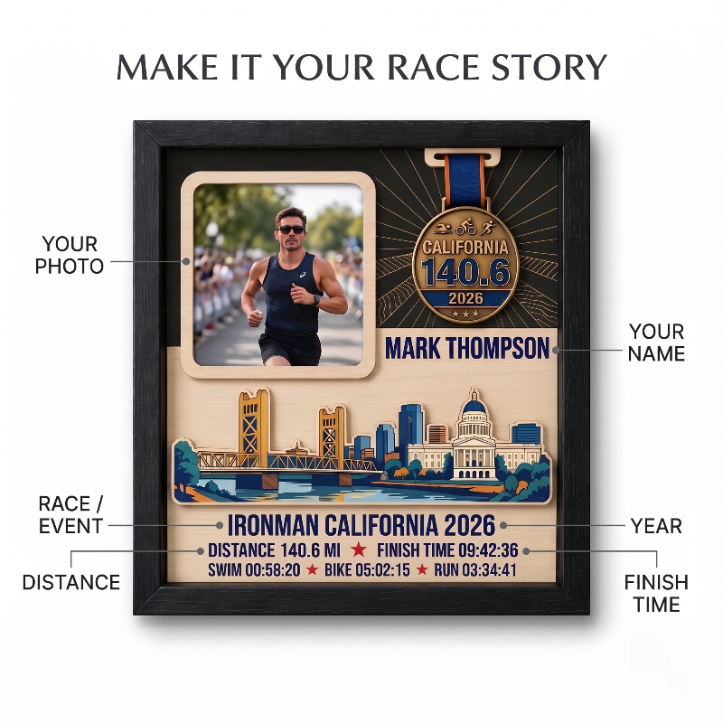Triathlon Medal Display Frame, Personalized Medal Hanger, Race Bib & Photo Display with Route Option, Triathlete Gift