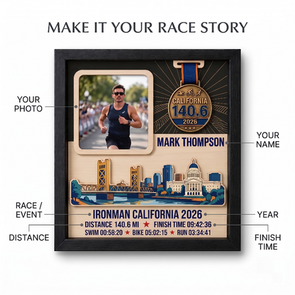 Triathlon Medal Display Frame, Personalized Medal Hanger, Race Bib & Photo Display with Route Option, Triathlete Gift