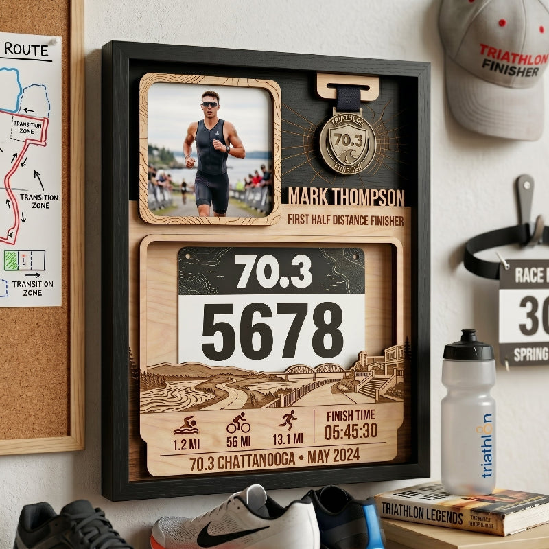 Custom First 70.3 Triathlon Display, Chattanooga Race Bib Holder, Personalized Bib and Medal Keepsake