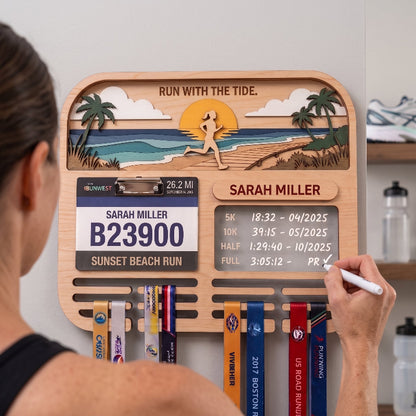 Personalized Running Medal Holder, Sunset Beach Design, Race Bib Display with Optional Running Tracker
