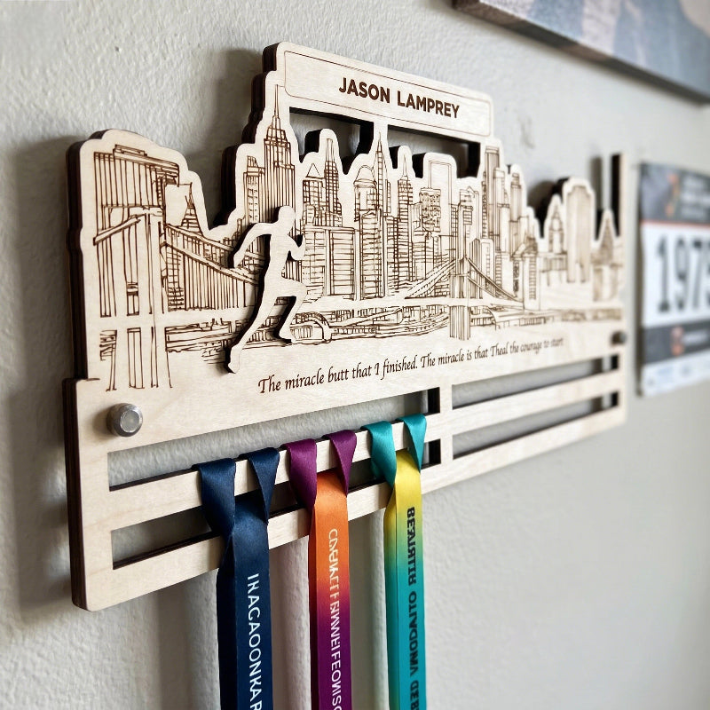 City Runner Medal Wooden Hanger, Personalized Marathon Medal Display, Custom Running Achievement Holder, Gift for Runners