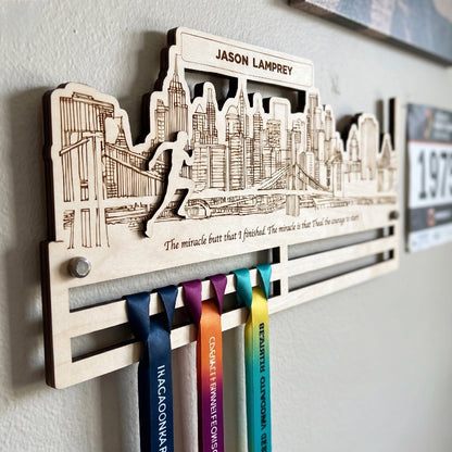 City Runner Medal Wooden Hanger, Personalized Marathon Medal Display, Custom Running Achievement Holder, Gift for Runners